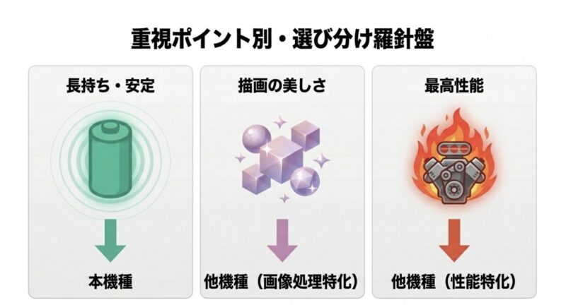 重視ポイント別のスマホ選び分け羅針盤(本機種、画像処理特化、性能特化の比較)