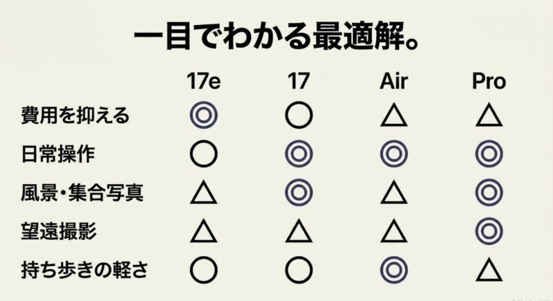 iPhone 17シリーズ各モデル（17e、17、Air、Pro）の用途別比較表