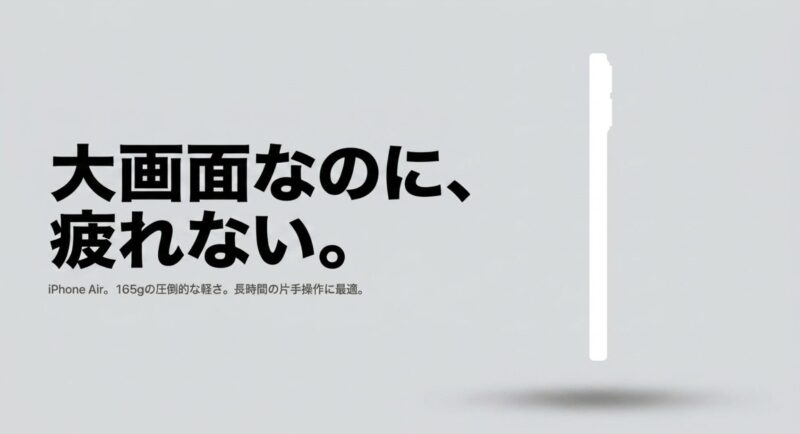 165gの圧倒的な軽さで、長時間の片手操作でも疲れにくい大画面モデルiPhone Airの特徴