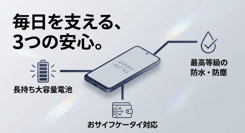 Galaxy A57 5Gが長持ち大容量電池、IP68防水防塵、おサイフケータイに対応していることを示すスライド