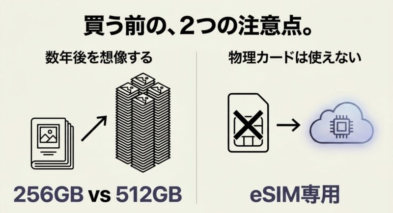 iPhone購入前に確認すべき容量選び（256GBと512GB）とeSIM専用の注意点