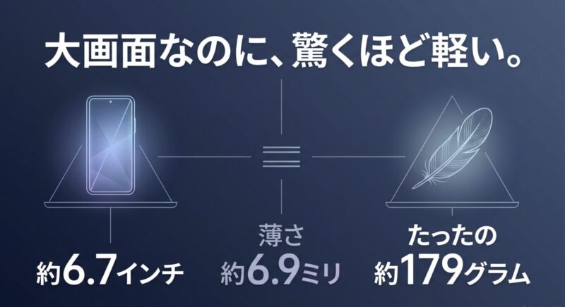 Galaxy A57 5Gの画面サイズ(約6.7インチ)、薄さ(約6.9ミリ)、重さ(約179グラム)を解説するスライド