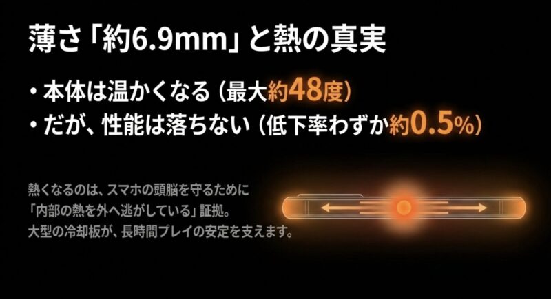 Galaxy A57 5Gは薄さ約6.9mmで本体は温かくなるが大型冷却板により性能低下が少ないことを示すスライド