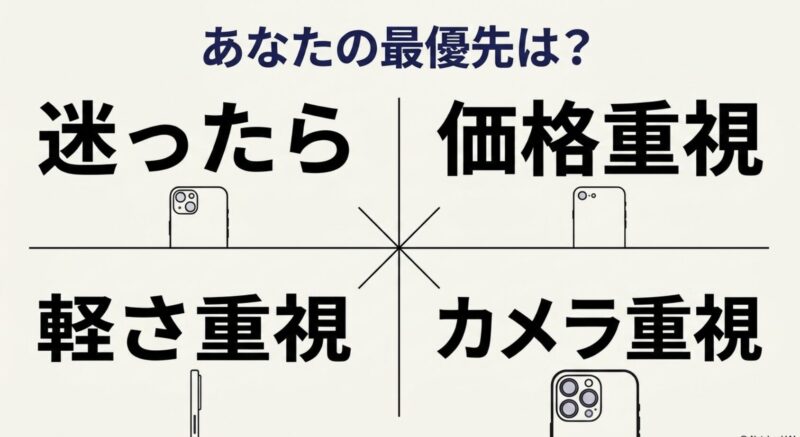 iPhone選びで最優先するポイント（価格重視・軽さ重視・カメラ重視）