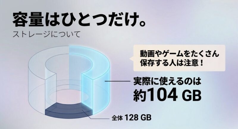 Galaxy A57 5Gのストレージ容量は全体128GBで、実際に使用可能な容量は約104GBであることを注意喚起するスライド
