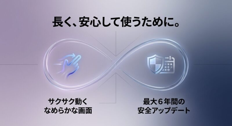 Galaxy A57 5Gのなめらかな画面動作と、最大6年間のセキュリティアップデート対応を示すスライド