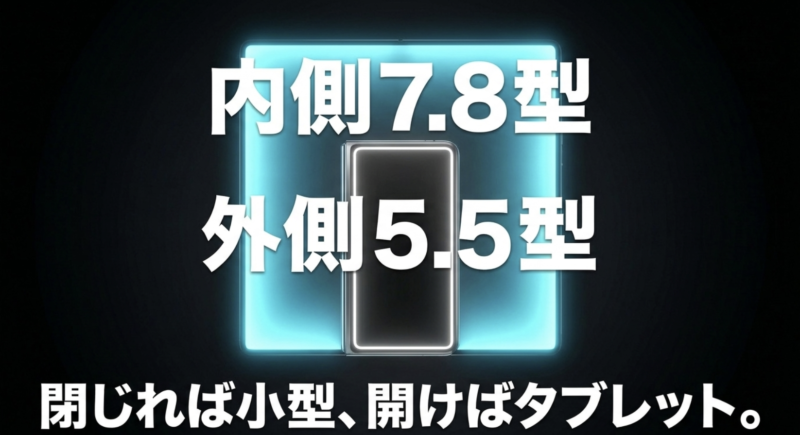 内側7.8型、外側5.5型。閉じれば小型、開けばタブレットという画面サイズの予想