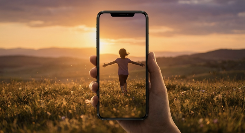 Galaxy A57 5Gのカメラで夕暮れの風景を撮影しているイメージ