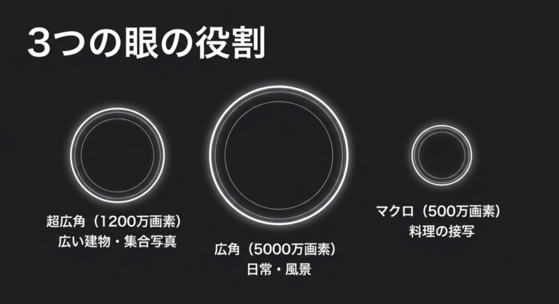 Galaxy A57 5Gに搭載されている超広角と広角とマクロカメラの画素数と用途の図解