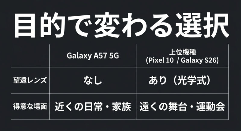 Galaxy A57 5Gと上位機種の望遠レンズの有無や得意な場面の比較表