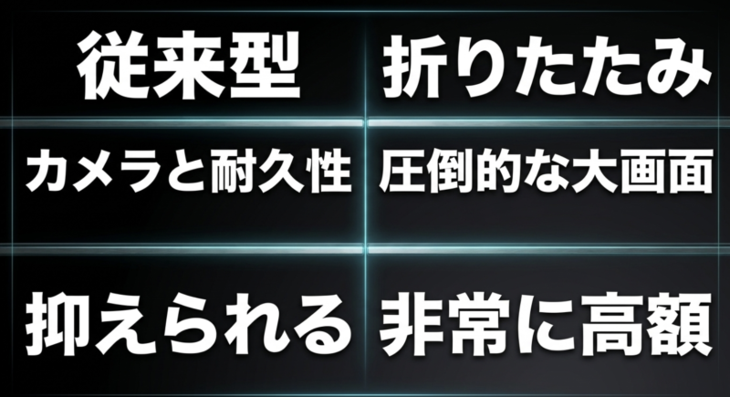 従来型はカメラと耐久性に優れ価格が抑えられる一方、折りたたみは圧倒的な大画面だが非常に高額という比較