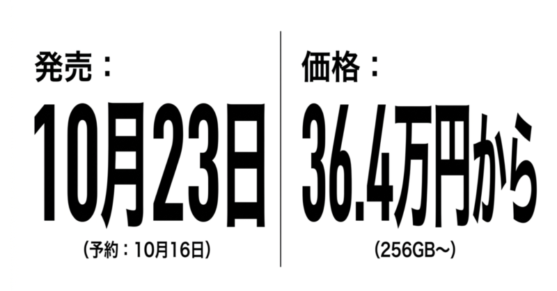 iPhone Duoの価格は36.4万円から、発売日は10月23日であることを示すスライド