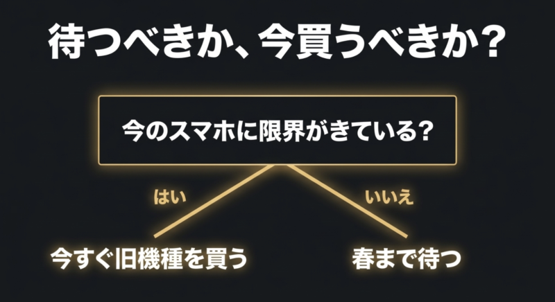 今のスマホに限界がきているなら旧機種を今すぐ買い、そうでないなら春まで待つという判断フローチャート