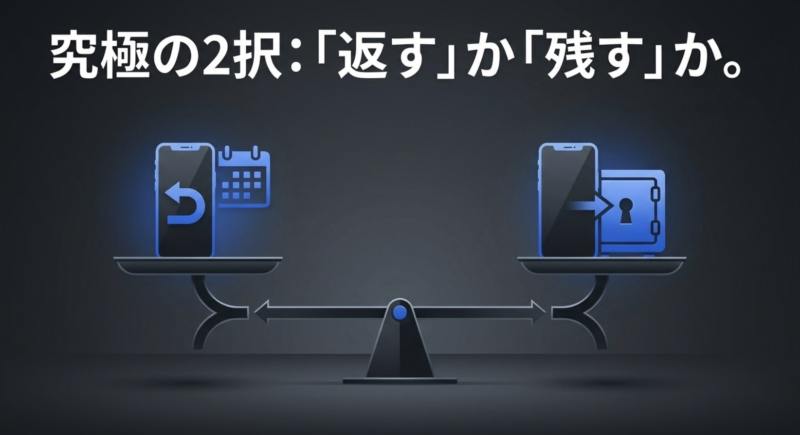 見せかけの安さに騙されないための、端末を「返す」か「残す」かの究極の2択を表した天秤のイラスト。