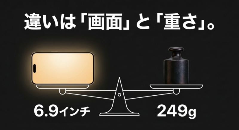 iPhone 18 Pro MaxとProの最大の違いが6.9インチの画面と249gの重さであることを示すスライド