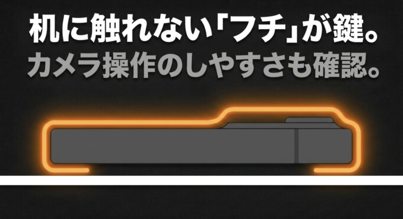 机に触れない「フチ」が鍵。カメラコントロールなど操作のしやすさも確認。