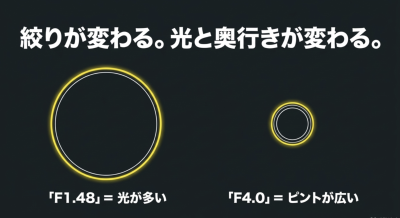 「絞りが変わる。光と奥行きが変わる。『F1.48』=光が多い、『F4.0』=ピントが広い」という解説テキスト