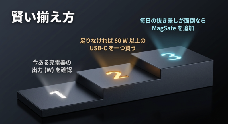 手持ちの出力を確認し、不足分を買い、面倒ならMagSafeを追加するという賢い揃え方の図解