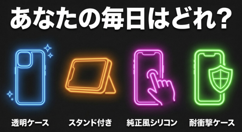 あなたの毎日はどれ？透明ケース、スタンド付き、純正風シリコン、耐衝撃ケースの選択肢。