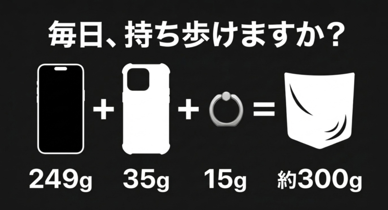iPhone 18 Pro Max本体249gにケースやアクセサリーを付けると約300gになることを示すスライド