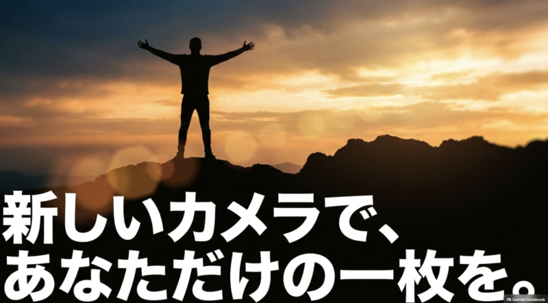 「新しいカメラで、あなただけの一枚を。」というメッセージテキスト