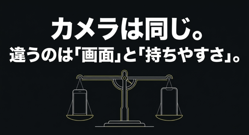 天秤に載った大小2つのスマホのイラストと、「カメラは同じ。違うのは『画面』と『持ちやすさ』。」というメッセージ