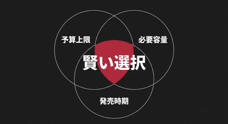 予算上限、必要容量、発売時期を踏まえて賢い選択を促すまとめのスライド