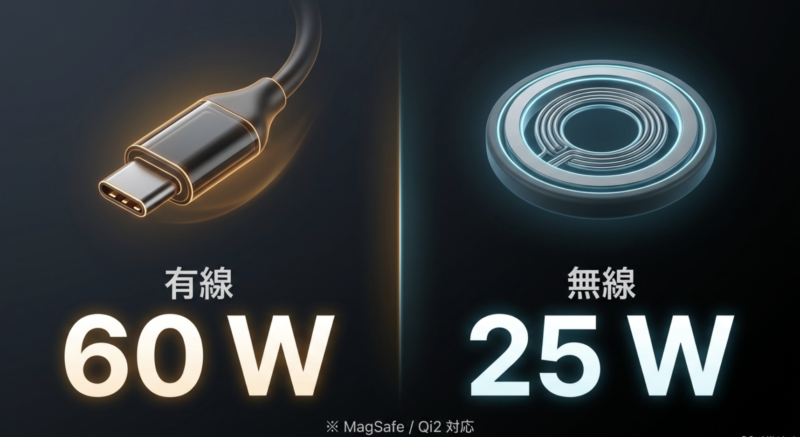 有線は60W、MagSafeとQi2は25Wに対応していることを示す図解