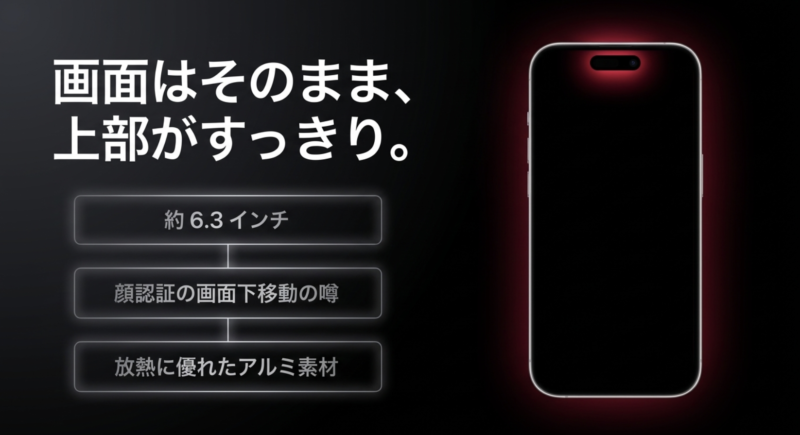 画面はそのまま上部がすっきり。約6.3インチ、画面下顔認証、放熱に優れたアルミ素材の予想