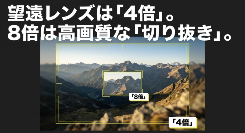 「望遠レンズは『4倍』。8倍は高画質な『切り抜き』。」という解説テキスト