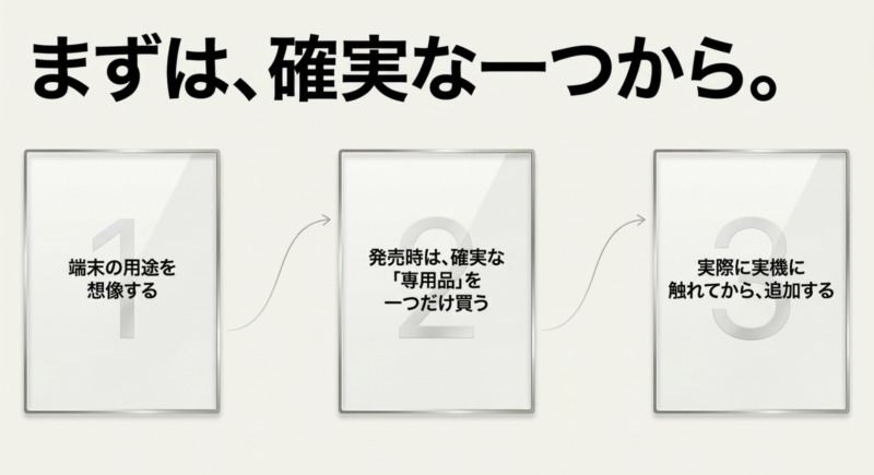 端末の用途を想像し、発売時は確実な専用品を一つだけ購入し、実機に触れてから追加するというアクセサリー購入ステップ