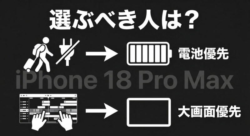 iPhone 18 Pro Maxを選ぶべき人は電池持ちを優先する人、または大画面を優先する人であることを示すスライド