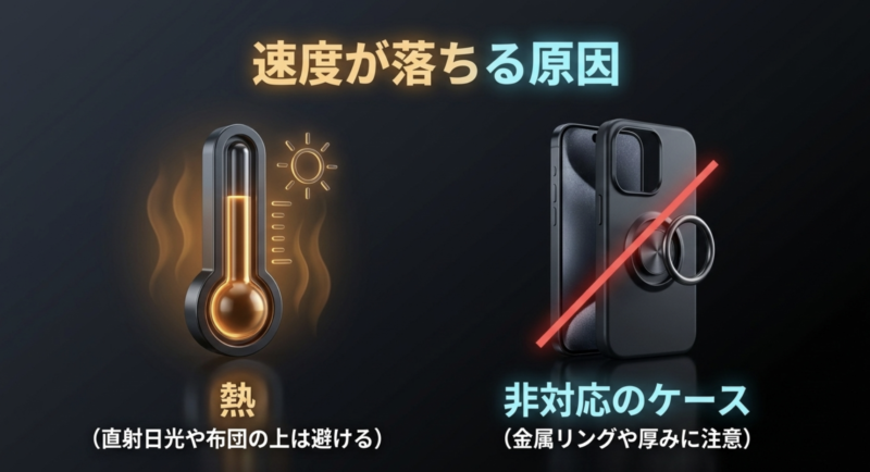 直射日光などの熱や、非対応のケースによって充電速度が落ちることを示すスライド