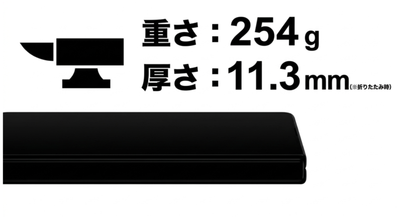 iPhone Duoの重さが254g、折りたたみ時の厚さが11.3mmであることを示すスライド