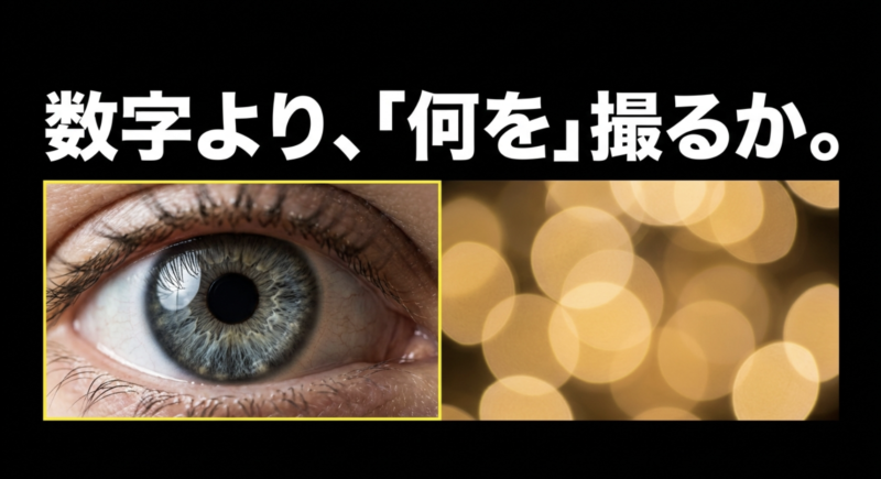 「数字より、『何を』撮るか。」というメッセージと、目のクローズアップ写真