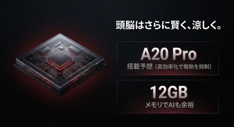 頭脳はさらに賢く涼しく。A20 Pro搭載と12GBメモリを予想するスライド