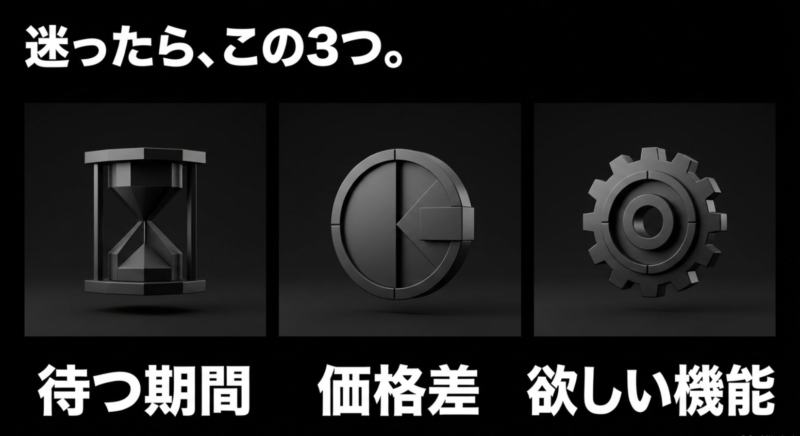 待つ期間、価格差、欲しい機能の3つの判断基準を示すスライド