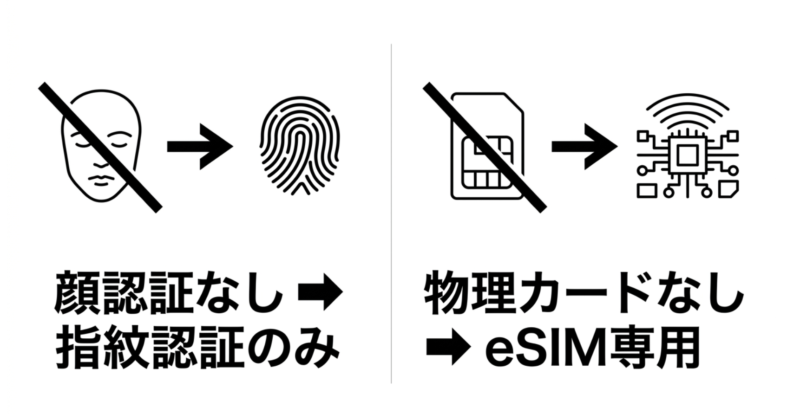 iPhone Duoが顔認証なし・指紋認証のみ、物理カードなし・eSIM専用であることを示すスライド