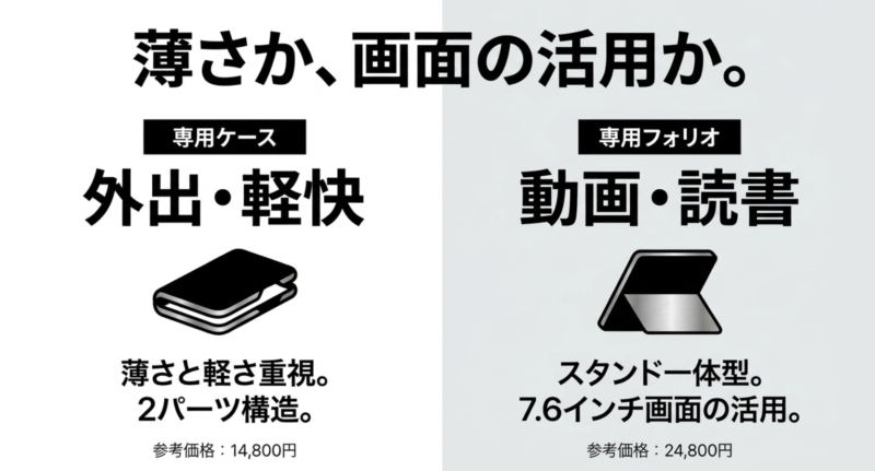 薄さと軽さ重視の専用ケースと、動画や読書向けのスタンド一体型専用フォリオの比較