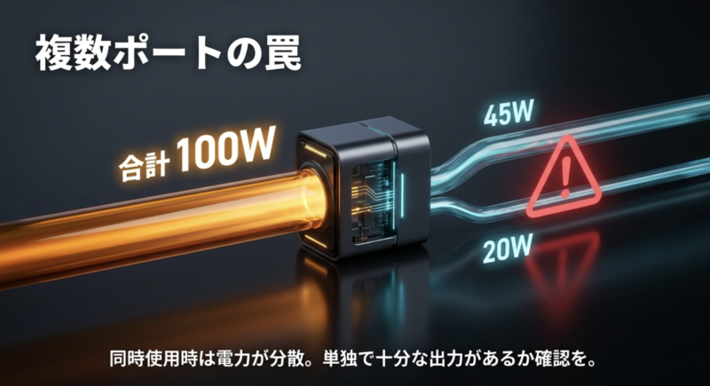 合計100Wの充電器を複数ポートで同時使用すると45Wと20Wなどに電力が分散する図解