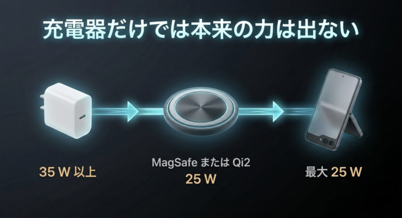 35W以上の電源からMagSafeまたはQi2を経由して最大25WでiPhoneが充電される図解