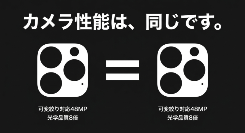 iPhone 18 ProとPro Maxのカメラ性能は同じであり、共に可変絞り対応48MPと光学品質8倍を備えていることを示すスライド