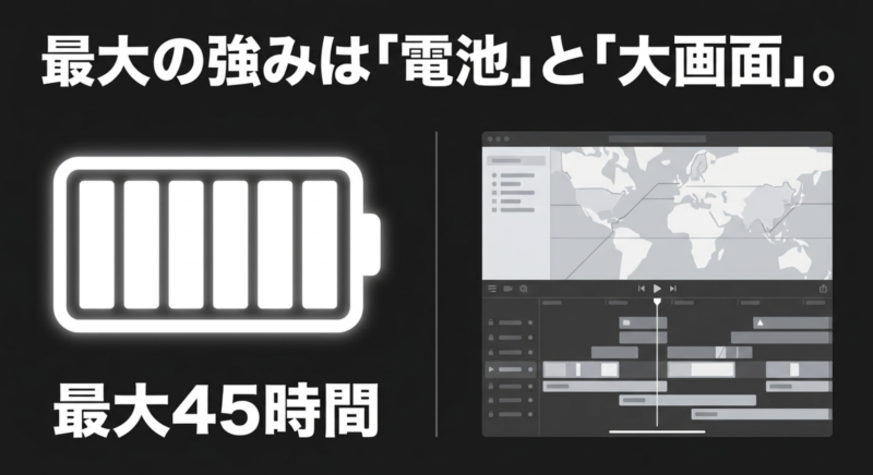 iPhone 18 Pro Maxの最大の強みは動画編集などに向く大画面と最大45時間の電池持ちであることを示すスライド