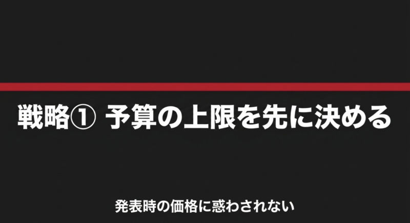 発表時の価格に惑わされないために、あらかじめ予算の上限を先に決めることを推奨するスライド