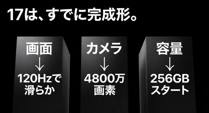 120Hzで滑らかな画面、4800万画素カメラ、256GBスタートなどiPhone 17の完成度の高さをまとめたスライド
