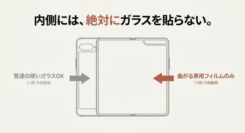 7.6型内側画面には曲がる専用フィルムのみを使用し、普通の硬いガラスは貼らないことの注意喚起