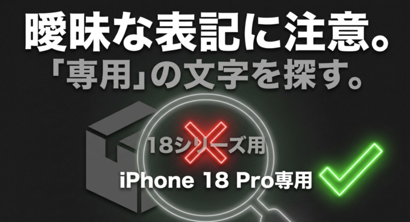 曖昧な表記に注意。「専用」の文字を探す。18シリーズ用ではなくiPhone 18 Pro専用を選ぶ。