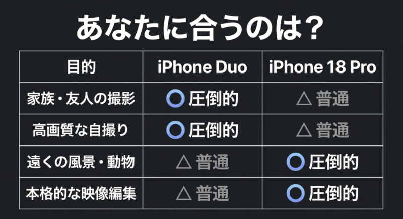 家族撮影や遠景撮影など、目的別にiPhone Duoと18 Proの適性をまとめた表