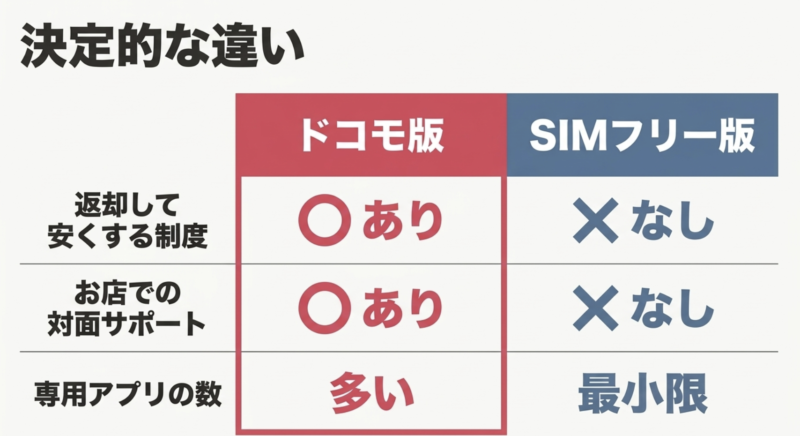 Galaxy A57 5Gのドコモ版とSIMフリー版の決定的な違い(返却プログラム・店舗の対面サポート・専用アプリの数)の比較表