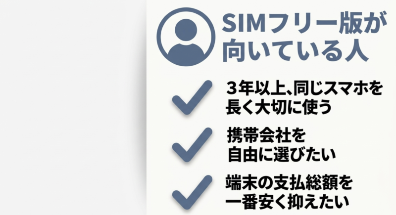 Galaxy A57 5GのSIMフリー版が向いている人の特徴(3年以上長く使う・携帯会社を自由に選びたい・端末の支払総額を安く抑えたい)
